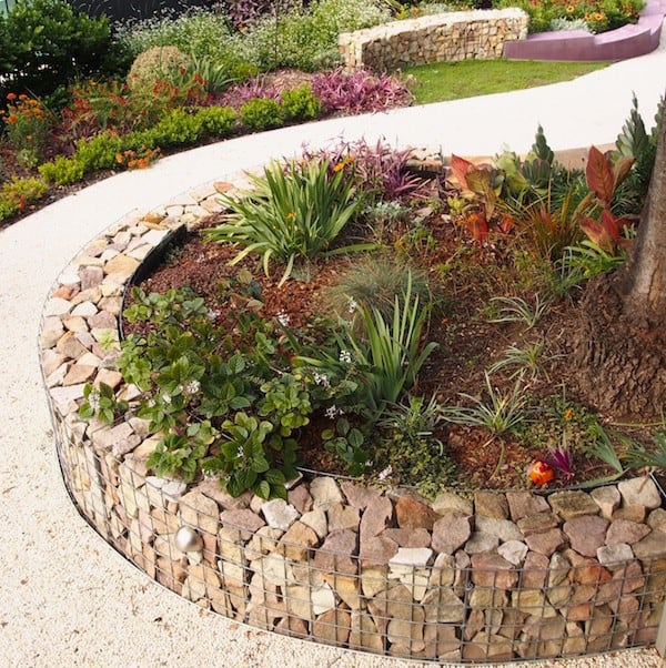 A gabion garden wall edging works as a retaining wall holding plants and soil, not only catchy edging.