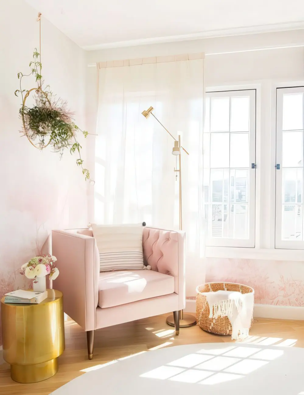 A nook by the wall taken by a pink chair, a floor lamp and a brass side table as a glam reading space.