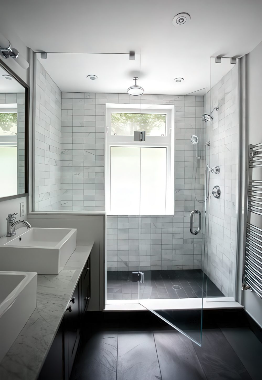 A tall window done with frosted glass below for privacy but still enough light inside.