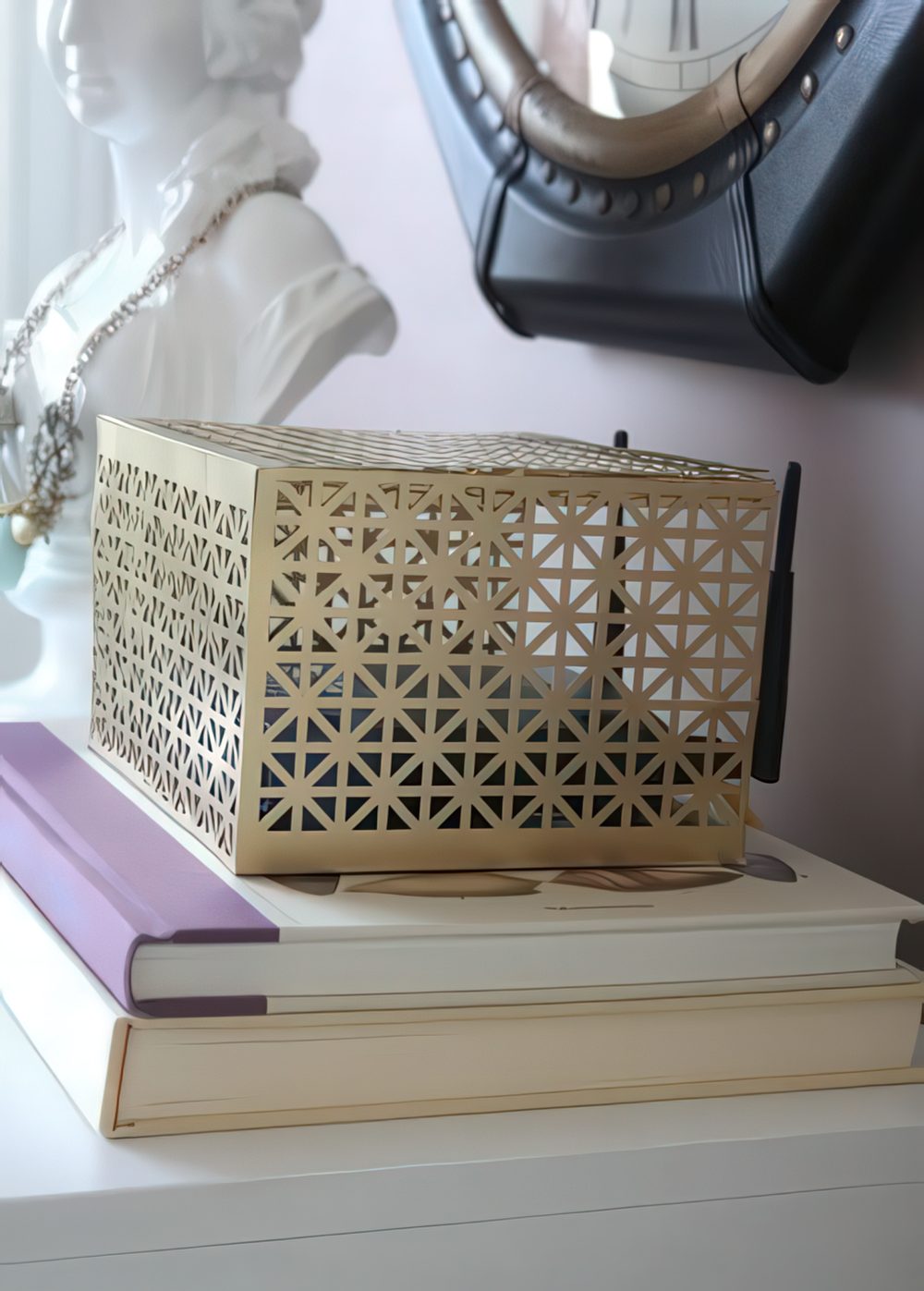 A laser cut metal box is a lovely idea to hide your wi-fi router and it looks nice, so it won't spoil your interior.