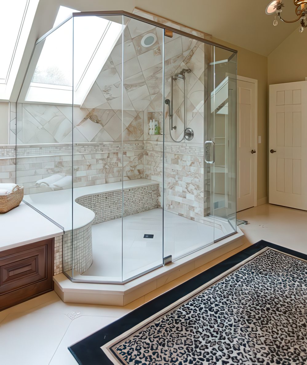 A skylight fill the shower with natural light and makes the space cooler and edgier.