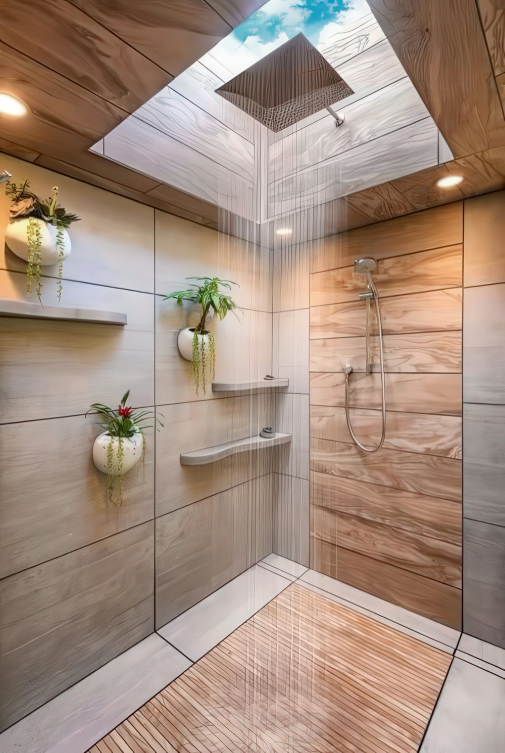 A shower done with wood and stone plus a skylight creates a very natural feel while taking a shower.