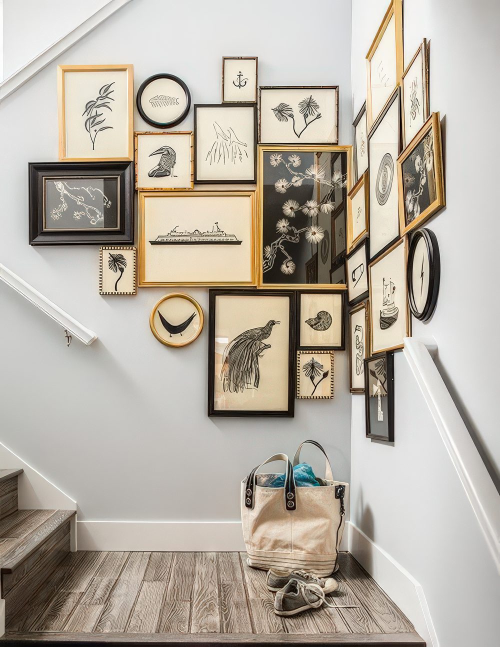 An awkward staircase corner with a gallery wall in gold, white and black for a cool and vintage-inspired look.