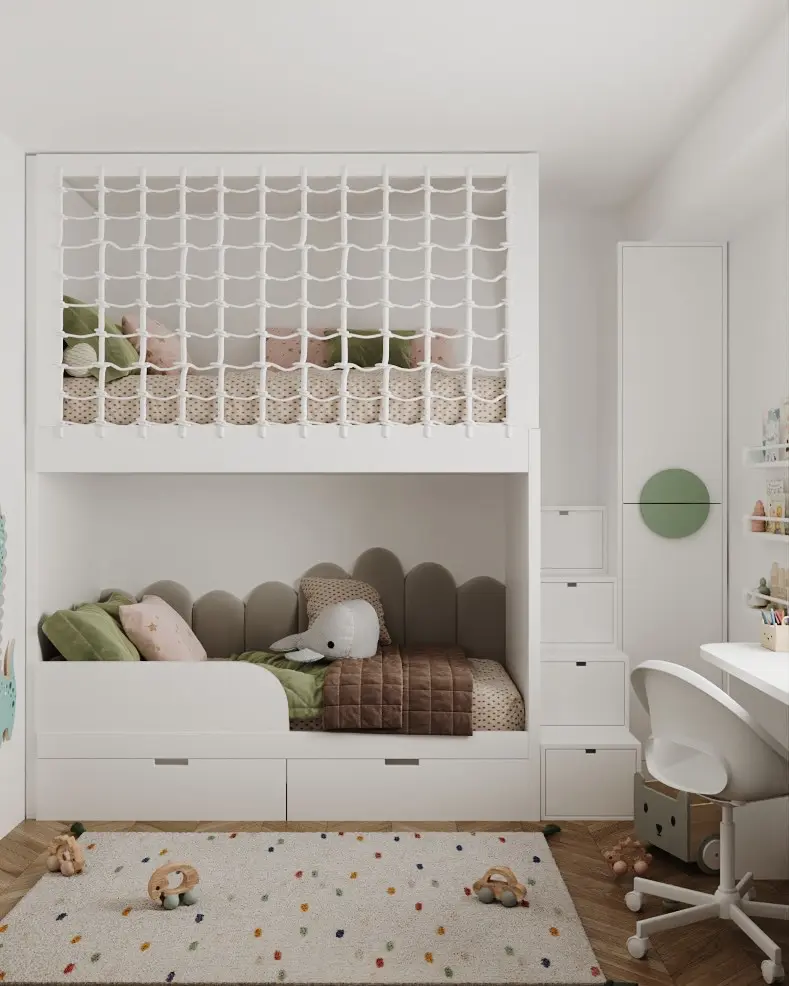 A sleek white bunk bed with a soft, neutral color palette. The upper bed is secured with a stylish net barrier, while the lower bed features a curved frame with plush bedding and cozy pillows in earthy tones.
 (@enterierilazarovski).