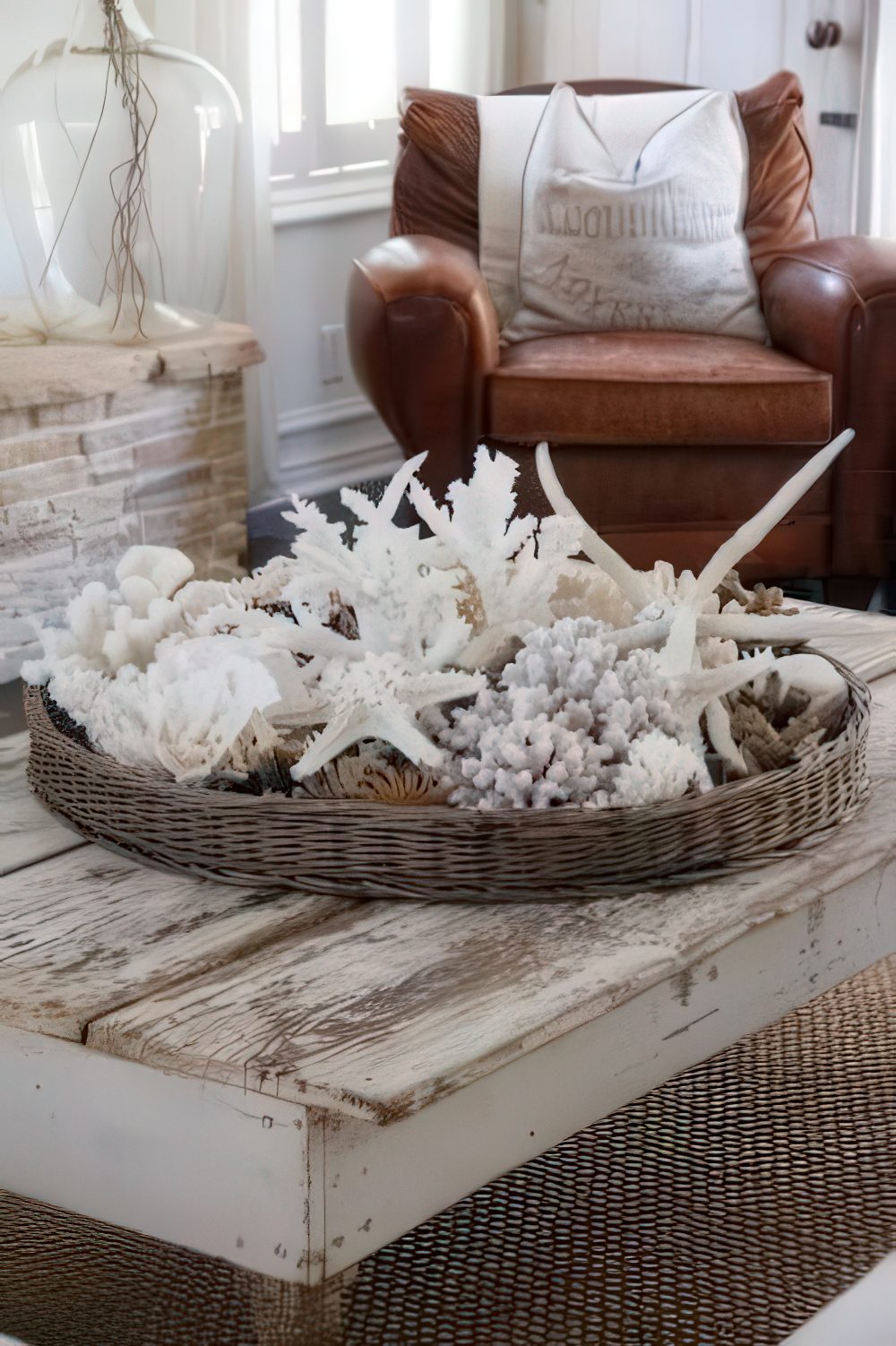 A basket tray with lots of seashells, starfish and corals is a nice decoration or centerpiece if you need one.