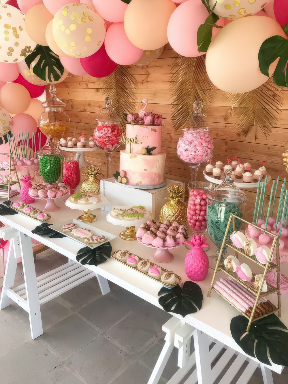 A bright pink, fold and fuchsia dessert table with a balloon garland over it, gilded tropical leaves, fake pineapples and jars and stands.