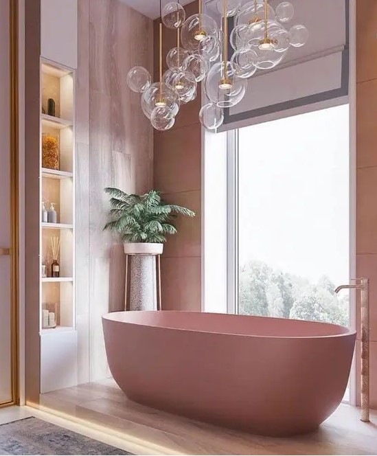 A pink tub adds a vibrant element to this cool bathroom with pink plywood walls and lit-up built-in shelves. Bubble lights over the bathtub create a fun and stylish atmosphere. Opt for colorful fixtures and creative lighting to enhance your bathroom.