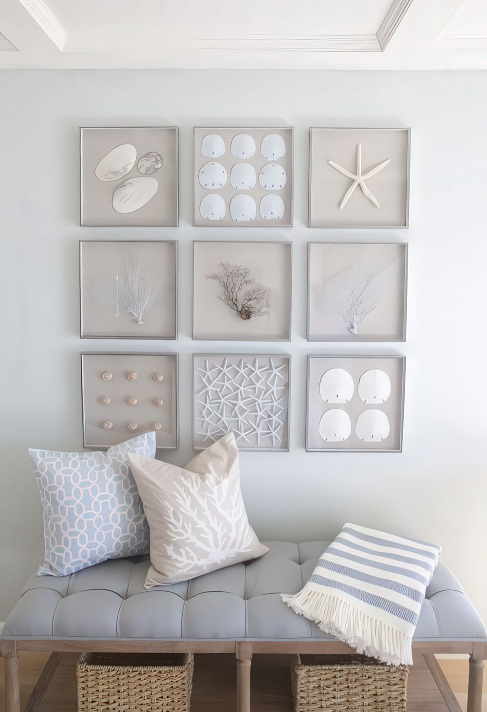 A cool gallery wall with seashells, starfish, corals and other sea stuff for a coastal entryway.