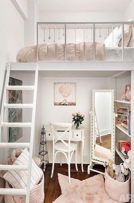 A creative Parisian teen bedroom with a loft bedroom, a tiny desk and a chair, a floor mirror and built-in shelves.