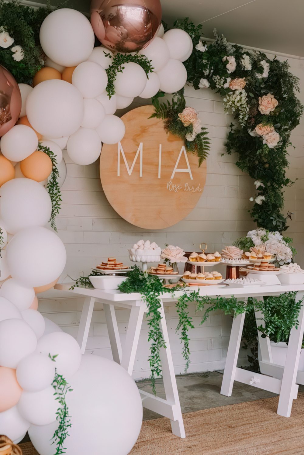 A neutral dessert table with a balloon garland with greenery and blooms, a name sign, a trestle table and greenery garlands.
