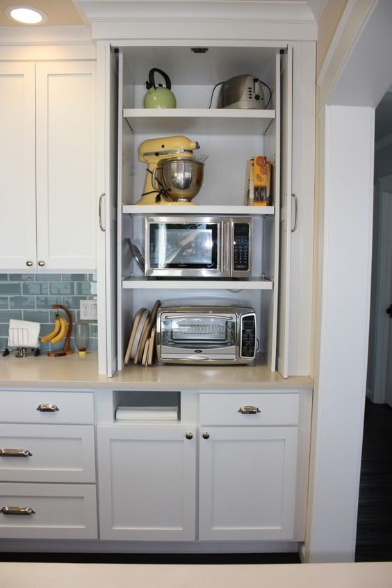 A small cabinet for storing various appliances is a cool idea for a storing things and for decluttering the kitchen.