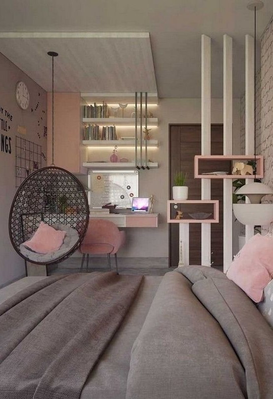 Create a stylish grey and pink teen girl bedroom with studying and sleeping zones divided by a pendant chair. Built-in lights add a modern touch. This design balances functionality with a chic and cozy atmosphere.