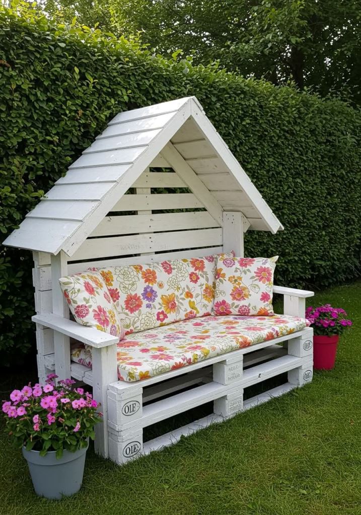 This cute arbor features a cozy seat with floral upholstery and is accented with bright blooms on both sides.