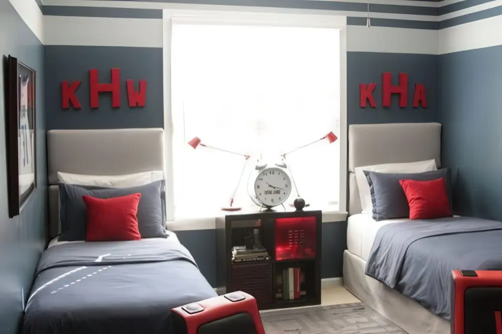 A stylish twin bedroom with navy and white striped walls, accented by red pillows and monogrammed letters above each bed. A large window lets in natural light, making the space feel bright and airy.
