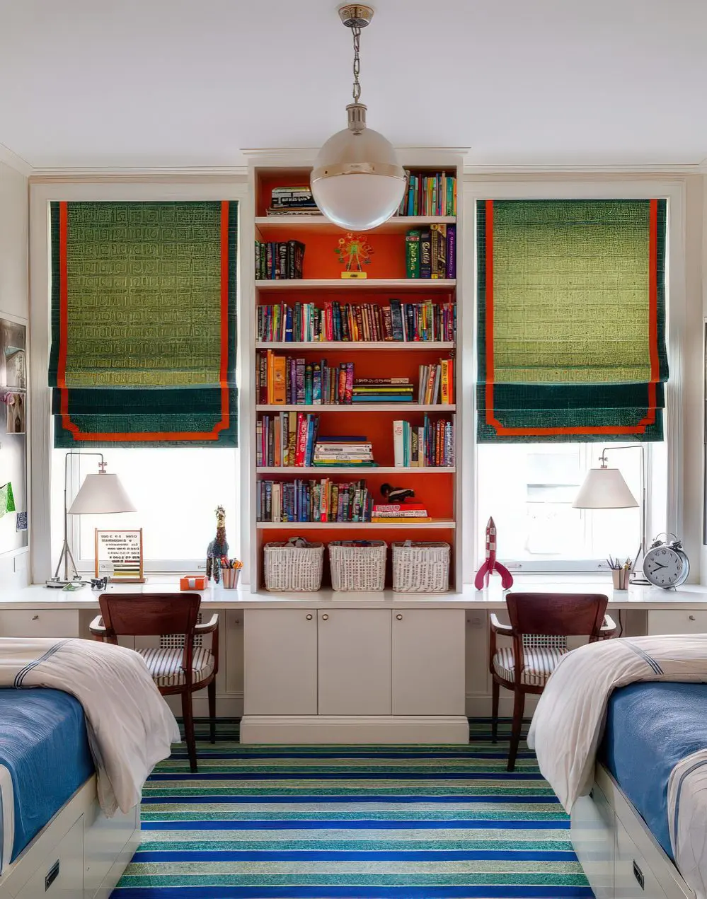 A functional twin room featuring a built-in study area with bookshelves, vibrant Roman shades, and striped carpeting. The combination of sleeping, studying, and storage makes it an ideal space for growing kids.