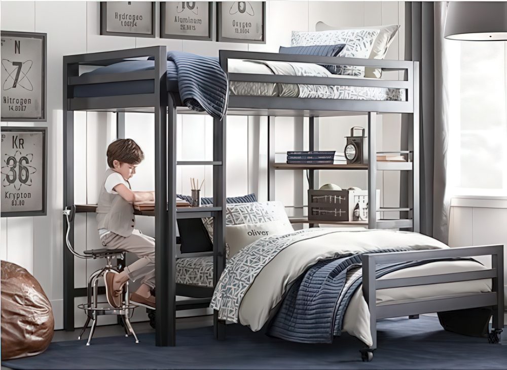 A sleek, space-saving bunk bed setup with a built-in study nook below. The metal frame, monochromatic bedding, and scientific wall prints create a contemporary and intellectual atmosphere.