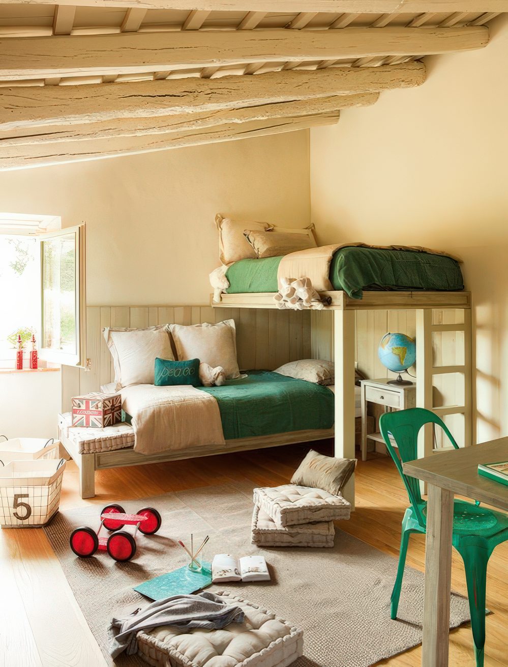 A nature-inspired bunk room with exposed wooden beams, a cozy reading nook, and soft earthy tones. The green bedding and antique-style furniture add to the rustic, organic feel.