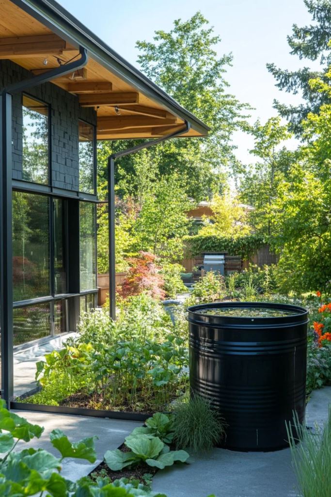 The large black metal barrel matches the style of the space and doesn't spoil it at all.