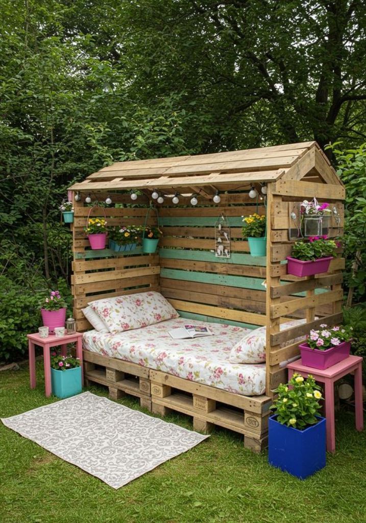 This pallet arbor is done with multiple flower planters and floral upholstery, with bright stools and potted plants around.