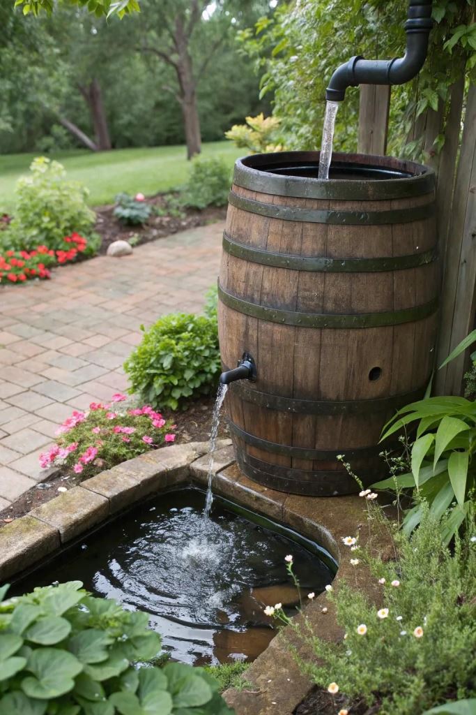 Rain water from this classic barrel goes into a water feature clad with stone. 

(via casolia).