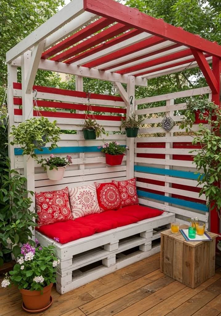 This super colorful arbor is built of pallets and painted bold, and the sofa is created of pallets, too. Potted greenery and blooms around make the space even cooler.