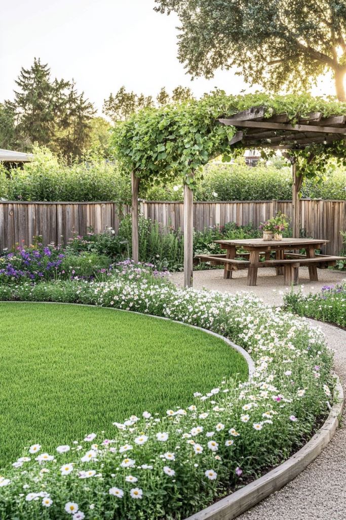 The rounded lawn is accented with a floral edge, which is a catchy alternative to a usual garden bed.