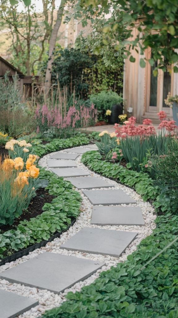 This is a layered curved path made of pebbles and pavements, it stands out in the greenery and flowers.