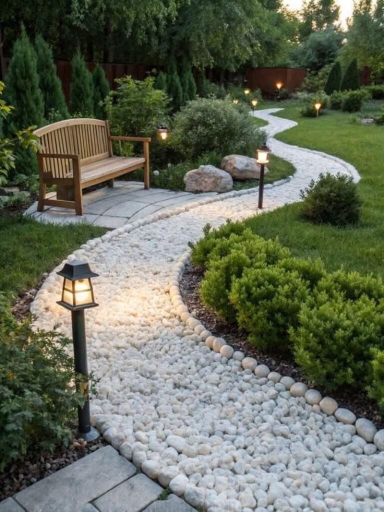 The green monotony is broken with a lovely curved path made of white pebbles. The path is lined with outdoor lamps.