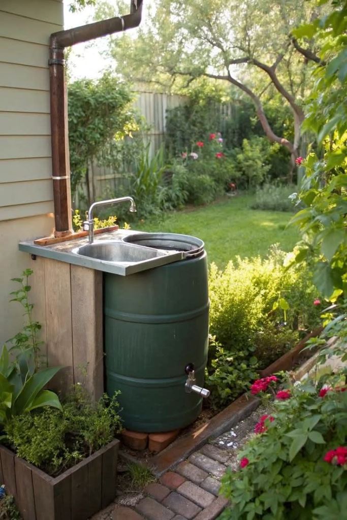 This green barrel with a sink are a nice rustic outdoor combo for a modern country space.