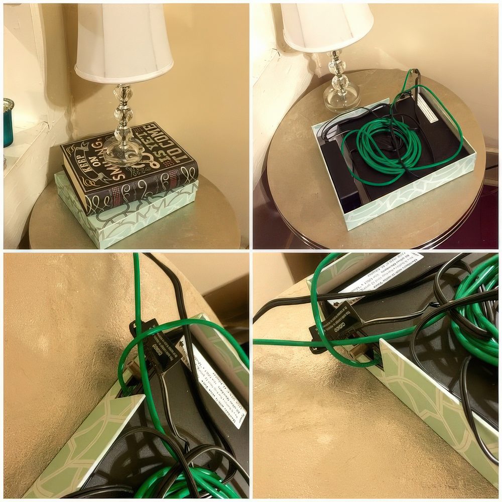 Who knew a tissue box and a table lamp could team up to hide your power strip? Bonus points for the faux book on top—chic and sneaky!

(@whyofcorso).