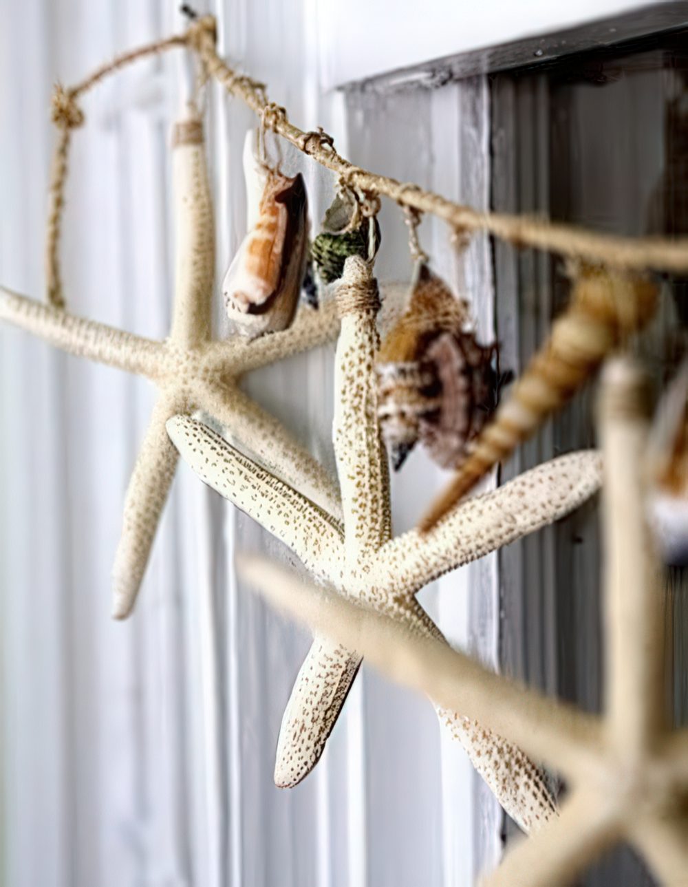 A catchy twine and seashell and starfish garland can be hung anywhere - on the window, on a shelf or wherever else you want.
