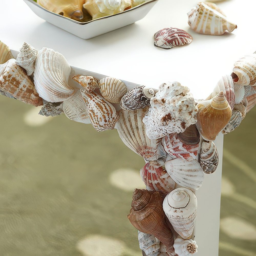 An outdoor table decorated with real seashells is ideal for a coastal or seaside outdoor space or just if you love the sea.