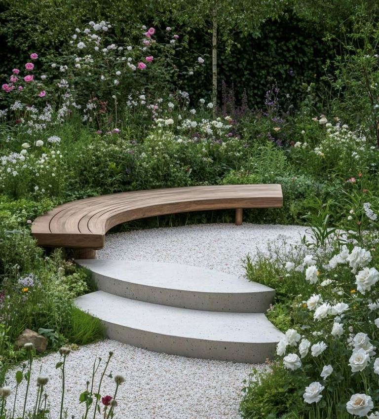 This minimalist space is a raised patio with steps and curved wooden bench, all surrounded with lush white flowers.