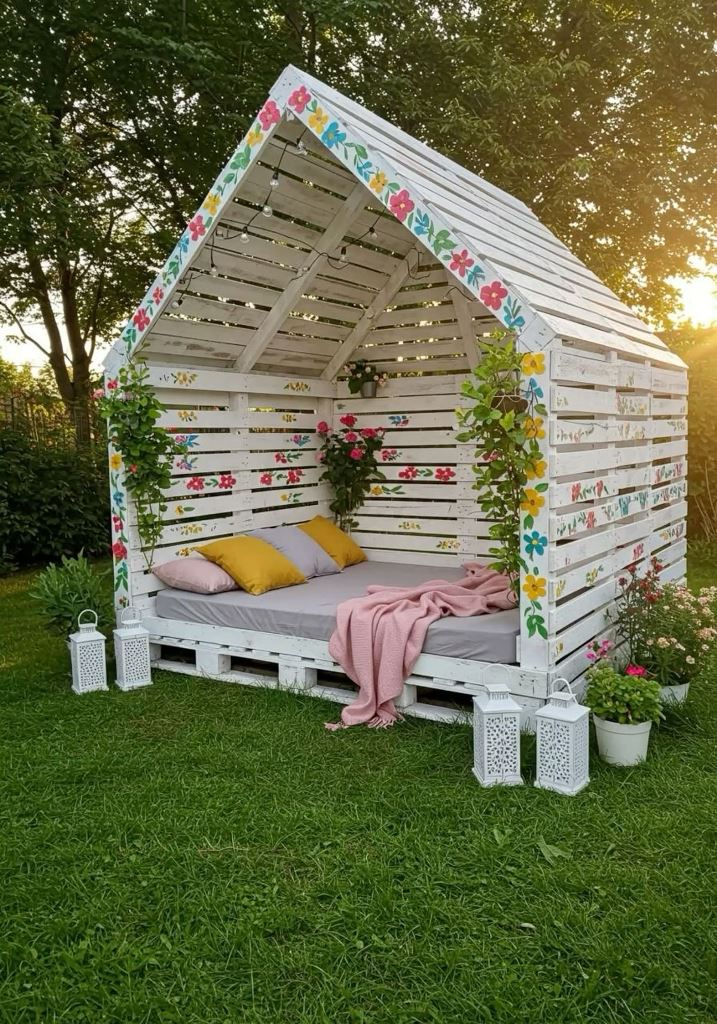 This lovely pallet house-shaped pergola with painted blooms and greenery is amazing to have a rest here: the daybed welcomes in.