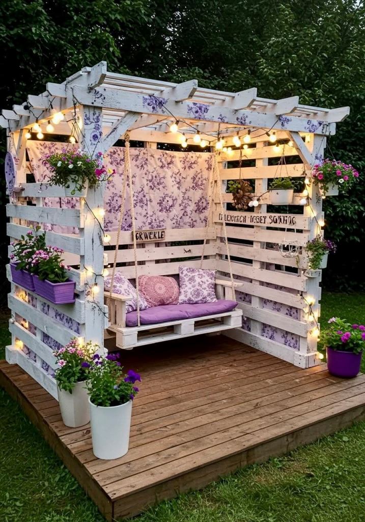 I love this cute white pergola! Just look at the swing seat with purple pillows, purple blooms and planters.
