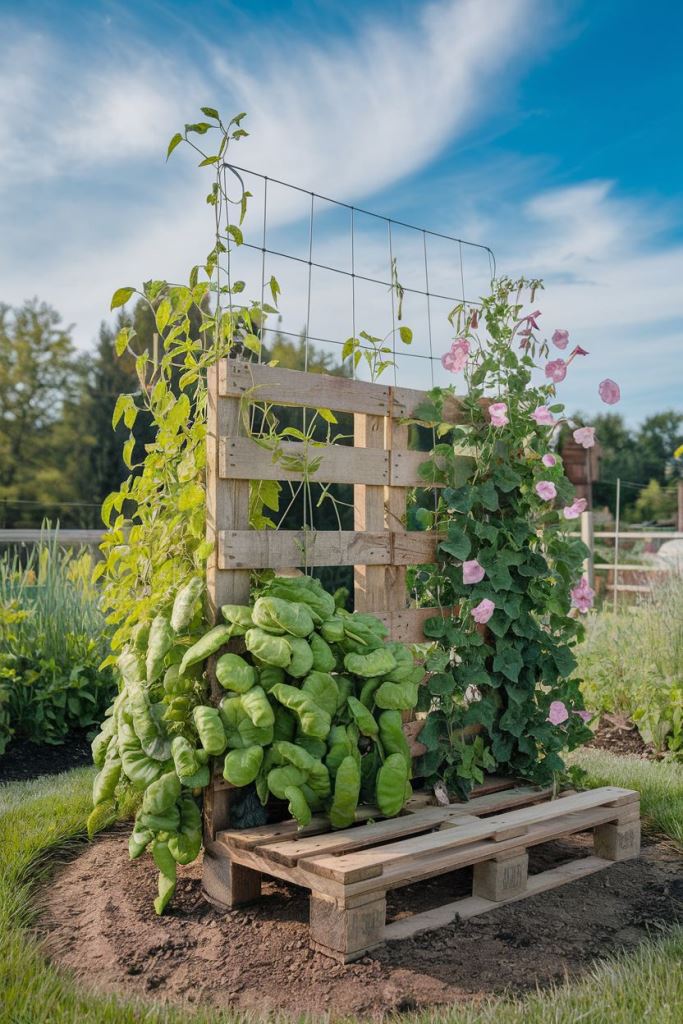 This pallet is paired with a trellis to let vines and blooming vines climb up.