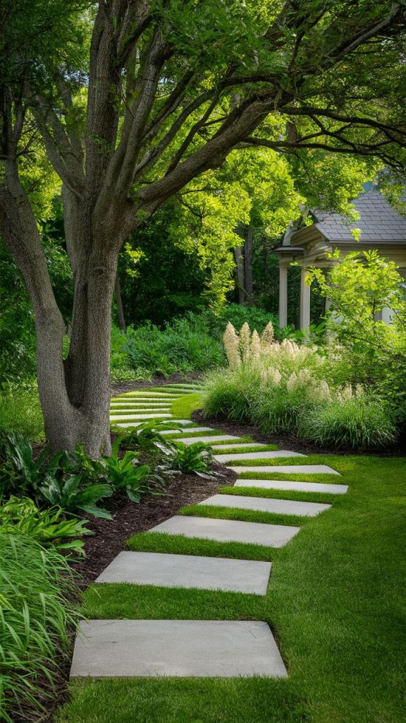 The curved path is composed of pavements, which stand out in the greenery.