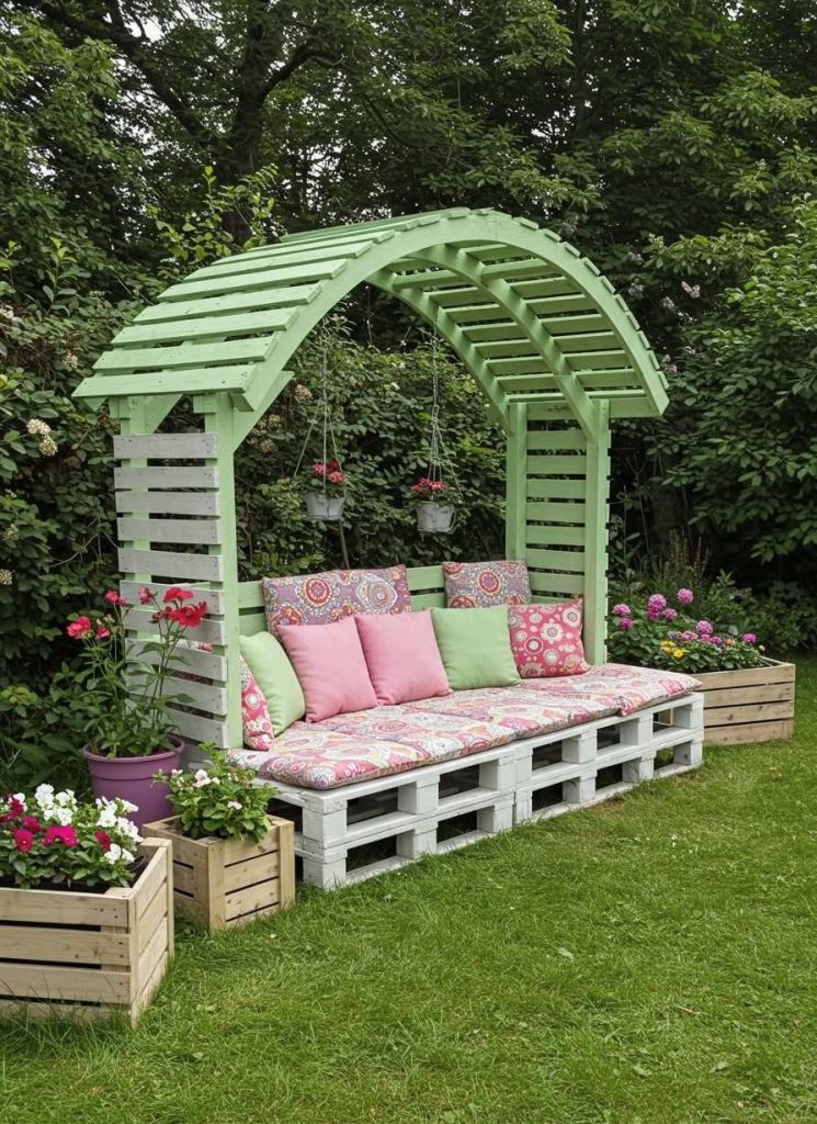 This green pergola with a curved roof is done with multiple pillows and is surrounded with blooms.