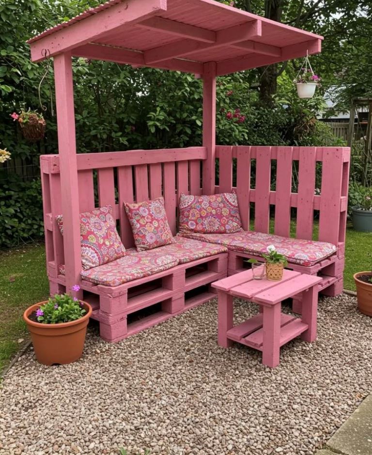 The bright pink pergola or arbor features a corner seat and a table, and the pillows are matching.