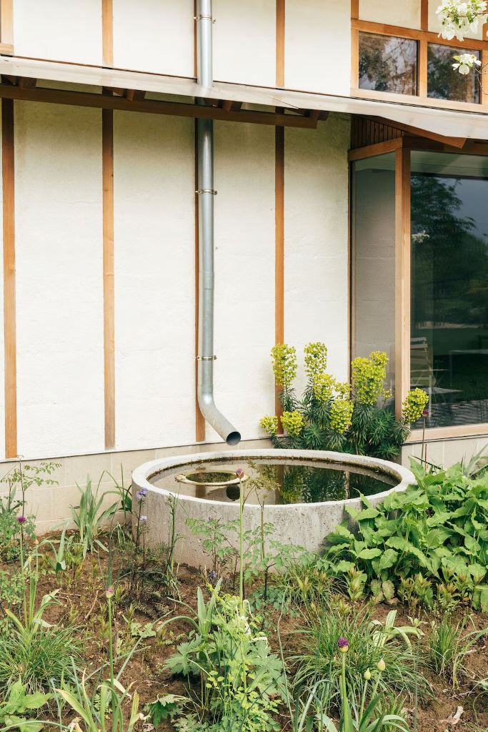 The pipe leads to a whole rain water feature surrounded with blooms, this is how you can pull off a water feature without spending money on actual water.