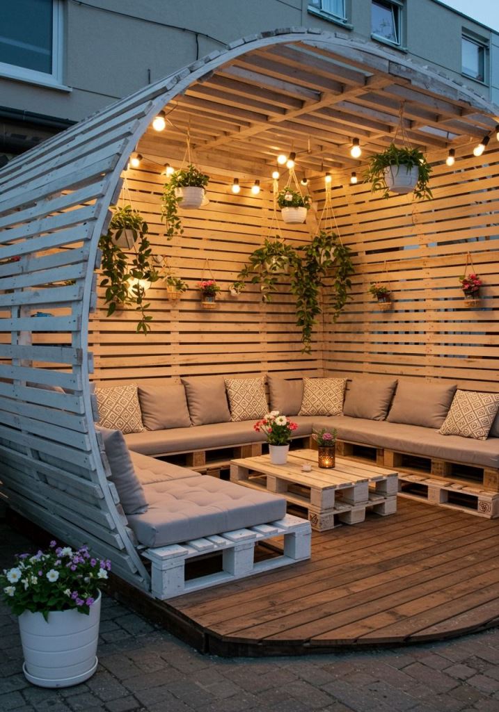 Making a rounded arbor might be more complicated but just look at it! The corner sofa is big enough for many people, and pendant planters and lights style it right.