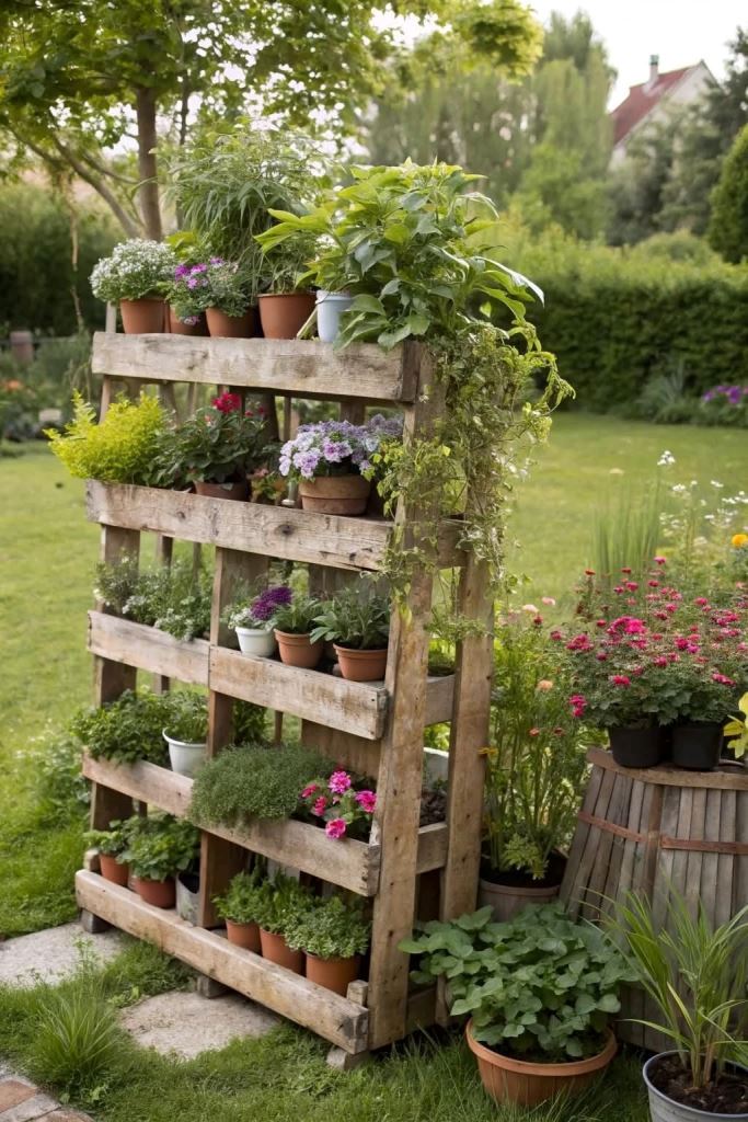 This tall plant stand is made of pallets, it's a great space saver and a lovely space divider.