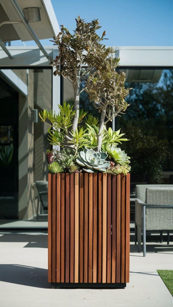 The small vertical planter with slats is a cool modern solution, and this arrangement of trees and succulents is super bold.