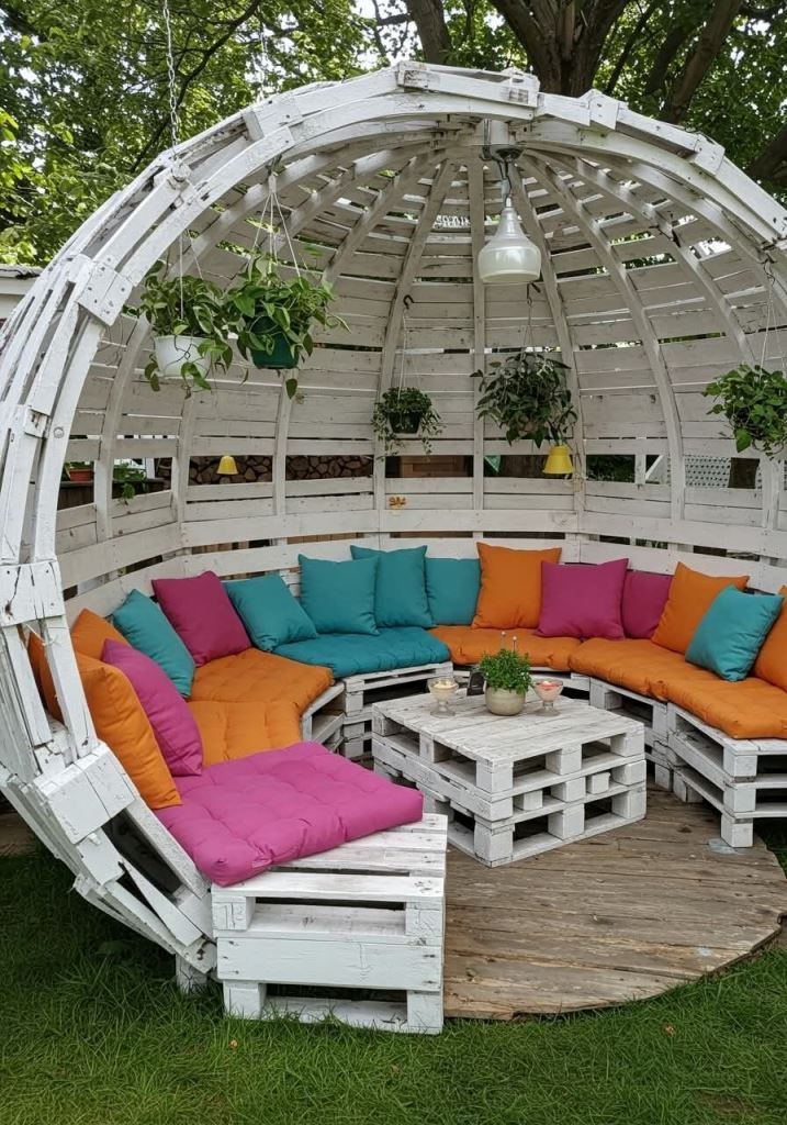 This unique white sphere pallet pergola shows off a whole arrangement of colorful pillows and greenery in pots hanging above.