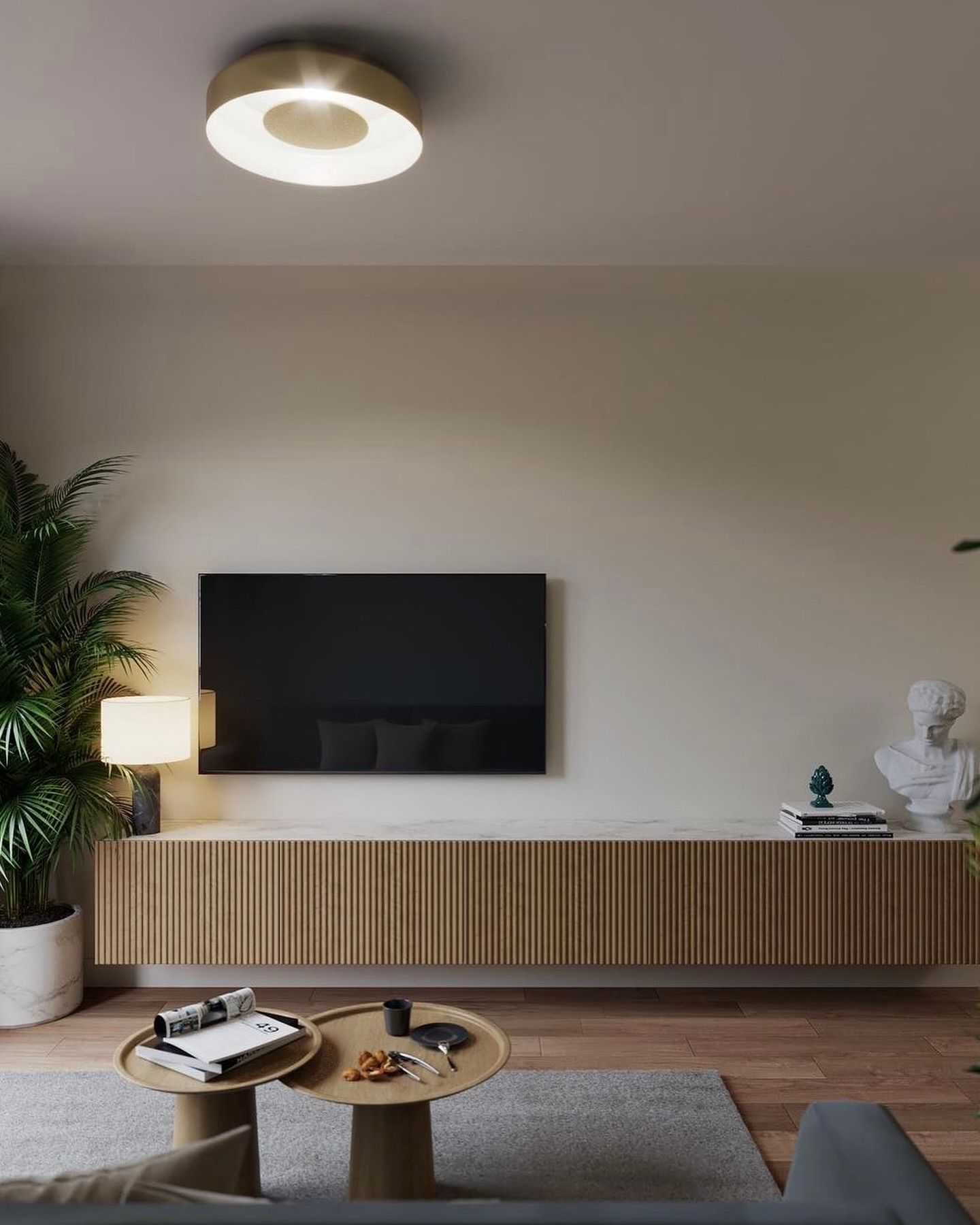 This one’s all about contrast! The Besta unit pops with that natural wood stripe detail on the wall. Super sleek, but still warm and cozy. Honestly, this setup just makes the TV area feel more pulled together.

(@qood.design).