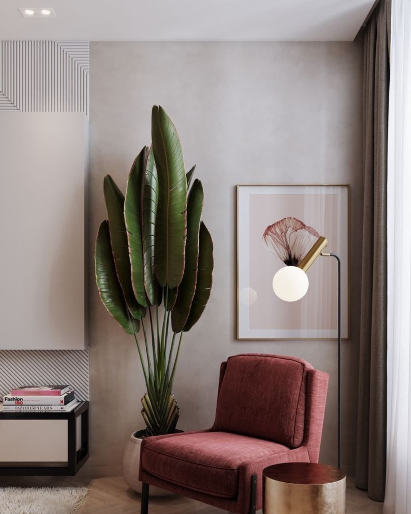 A sculptural floor lamp paired with lush greenery and art gives this quiet corner a bold, modern vibe—proof that less space doesn’t mean less style.

(@esraa_zaki_interiors).