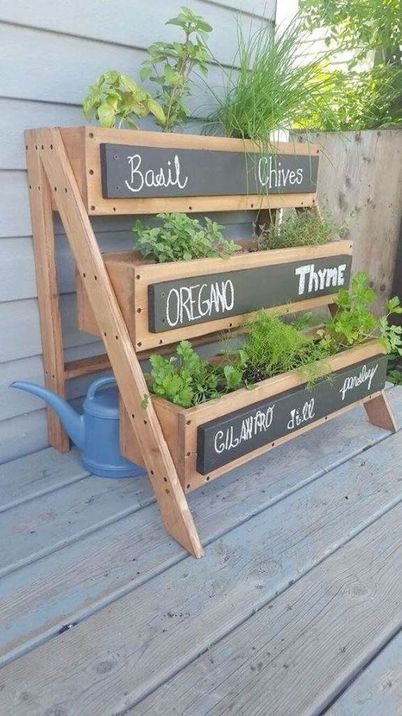 This tiered garden is built of a pallet, which was stripped for the wood. Add chalkboard plaques to mark each plant.