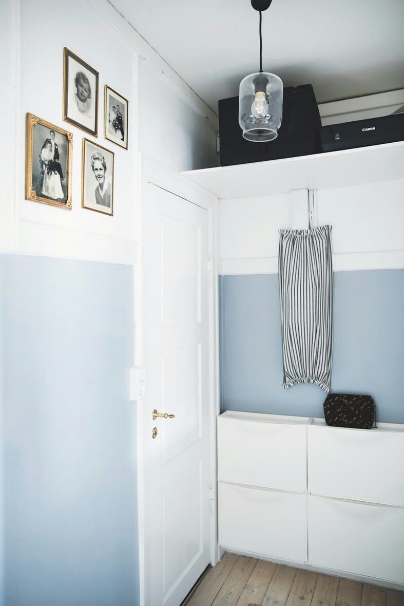 The space behind the door is taken with an IKEA Trones piece and a large shelf under the ceiling.