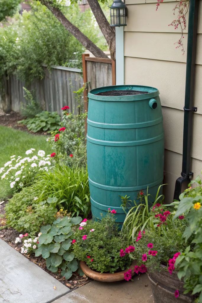 This tall painted turquoise barrel matches the style of the space and adds color to it.