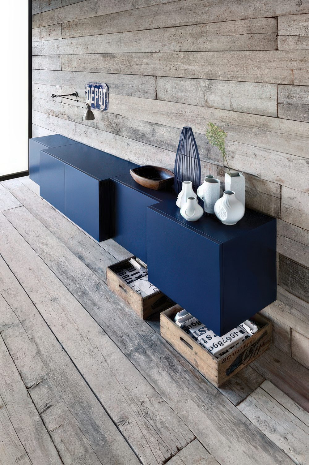 Creative blue IKEA Besta hanging storage.